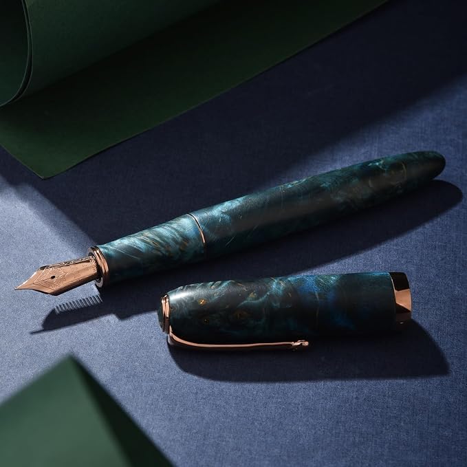 HONG DIAN A10 Stabilized Wood Fountain Pen, Extra Fine Nib Chinese Knot Carving Handcraft Pen with Magnetic Cap and Metal Case Set (Galaxy Blue)