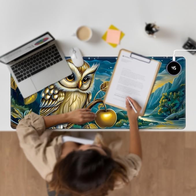 Heated Desk Pad Large Mouse Pad 31.5 x 13 inch with 3 Levels Heating & Auto Shut-Off Warm Mouse pad PU Leather Computer Mousepad for Home Office Work - Owl Moon