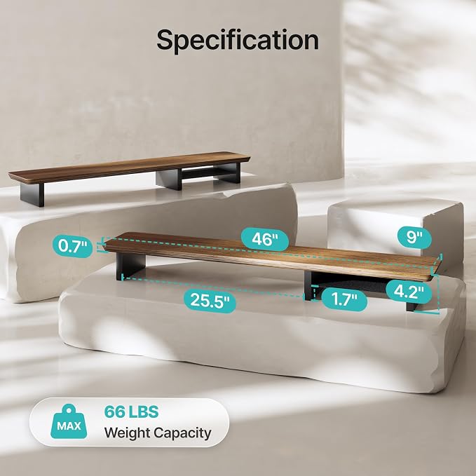 PEGZONE Dual Monitor Riser with Integrated Metal Shelf, Large Walnut Wooden Desk Shelf for 2 Monitors/TV, Monitor Stand Riser for Desk, Wood Monitor Stand Organizer for Home Office,Wide 46"
