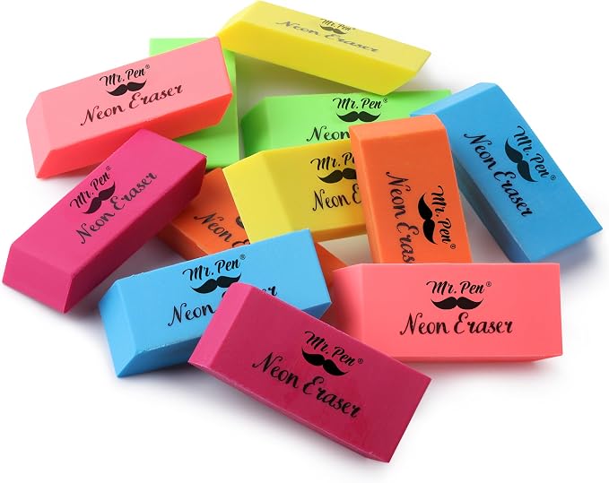 Mr. Pen- Pencil Eraser, 12 Pack, Neon Colors | Large Latex Free Block Erasers for School, Office, Art Sketching, Homework, Exams, Clean Smudge-Free Correction