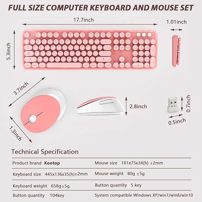 Kootop Cute Wireless Keyboard and Mouse Combo for PC Laptop Desktop Pink | Cute pink Colorful Typewriter Retro Round Keycaps 104 keys for PC Laptop,Desktop,Windows,