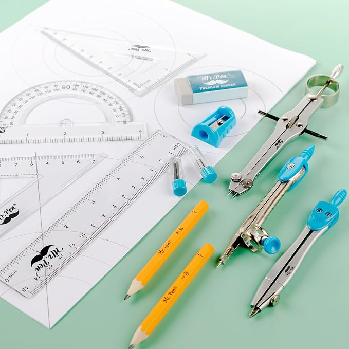 Mr. Pen 13 Piece Geometry Set with Shatterproof Storage Box, Blue | 45° & 30°/60° Set Squares, Pencils, Lead Refills, Sharpener & Eraser for Math, Drafting & Classroom Use