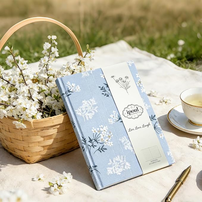 Floral Hardcover Journal for Writing, Lined Notebook for women, A5, 200 Pages, 6x8 Medium Size Notebook, Floret Printed Fabric Linen Personal Journal, Lay Flat Notebook, Reading Journal, Blue.