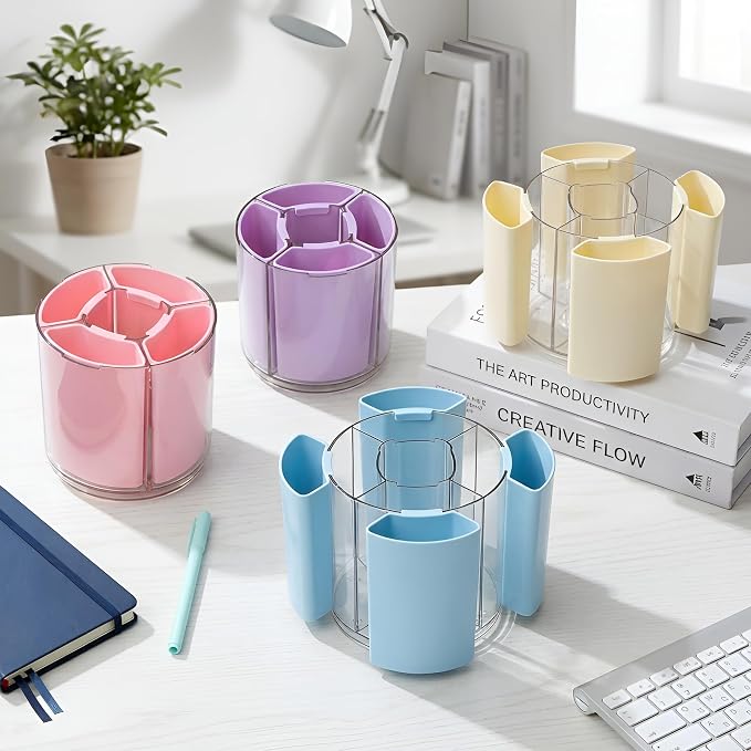 Comix 360° Rotating Pen Holder for Desk, Cute Pencil Holder Pen Organizer, Purple Acrylic Pencil Cup Caddy with 5 Slots for Home School Office Supplies