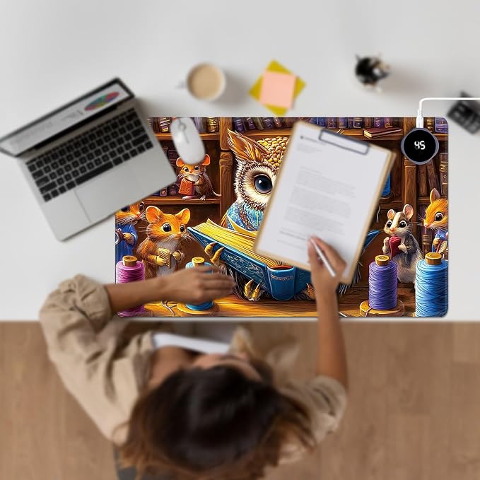 Heated Desk Pad Large Mouse Pad 23.6 x 14.1 inch with 3 Levels Heating & Auto Shut-Off Warm Mouse pad PU Leather Computer Mousepad for Home Office Work - Owl Book