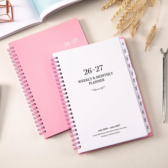 Planner 2026-2027, Jul. 2026 - Jun. 2027, 6.25" x 8.3" | Flexible Cover, A5 Thick Paper, Twin-Wire Binding, 2026-2027 planner weekly and monthly with 12 Month Tabs, Pink