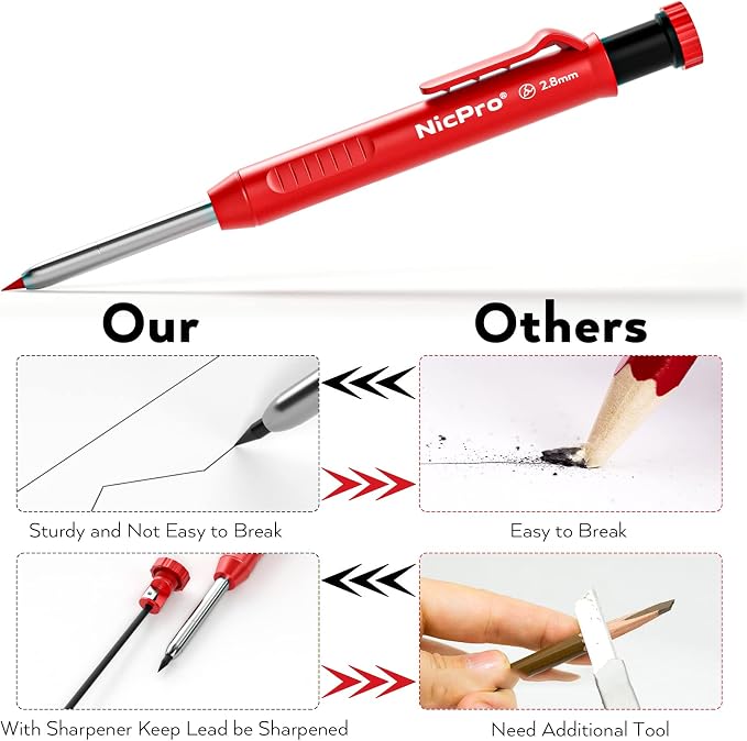 Nicpro 3 Pack Carpenter Pencil with Sharpener, Mechanical Carpenter Pencils with 39 Refills, Construction Pencil Heavy Duty Woodworking Pencils for Architect (Red, Black, Yellow)- With Case