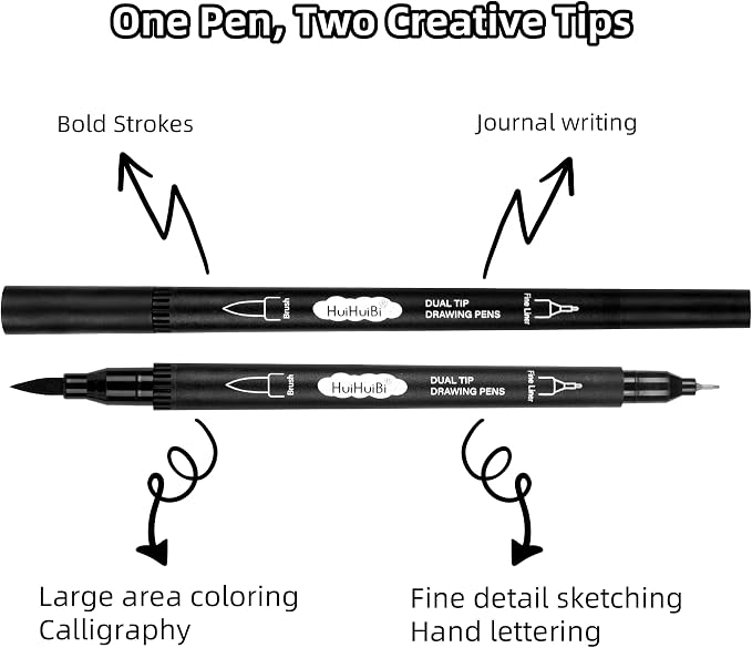 Dual Tip Black Drawing Pens,10 Pack Black Markers for Coloring,Dual Brush Pens with Fine Tip Markers for Art Drawing Sketching Calligraphy
