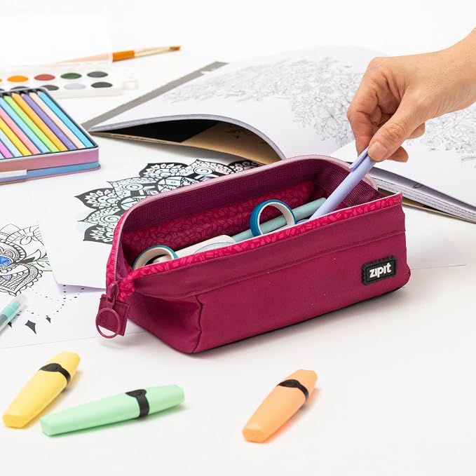 ZIPIT: Lenny Pencil Case - Pink - Large Storage Capacity Zipper Pouch, Makeup & Stationery Bag, School-Travel, Washable Polyester, Kids-Teens-Adults