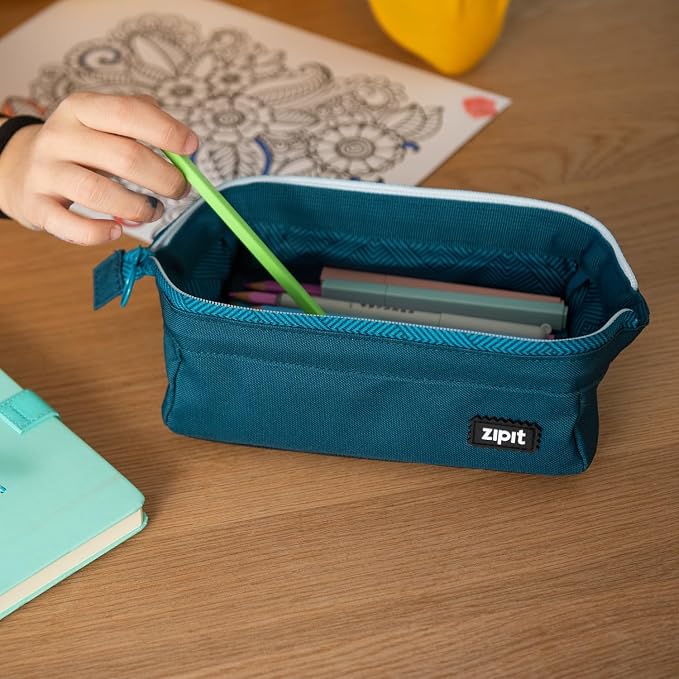 ZIPIT: Lenny Pencil Case - Teal - Large Storage Capacity Zipper Pouch, Makeup & Stationery Bag, School-Travel, Washable Polyester, Kids-Teens-Adults