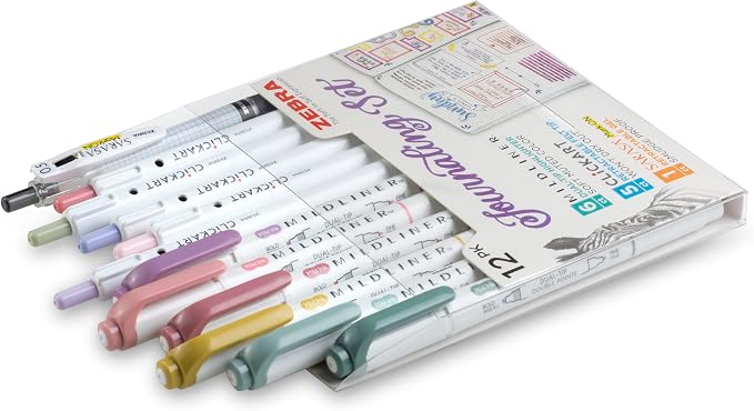 Journaling Kit: 6 Mildliner Highlighters + 5 ClickArt Markers + 1 Sarasa Mark-On Pen by Zebra Pen