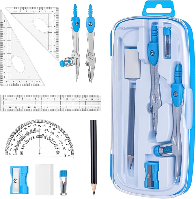 Zonon Math Geometry Set for Students 10 Pcs Compass Geometry Tools Kit Includes Protractor Compass Lead Refills Rulers Pencil Sharpener Eraser Pencil Storage Box for Drafting and Drawings(Blue)