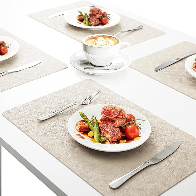 Beige Plastic Placemats Set of 8, Faux Leather Waterproof Table Mats | Beige Vinyl placemats,Wipeable and heat resistant table mats.Easy to clean,great for indoor and outdoor