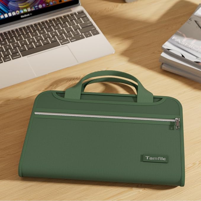 Tamfile Fireproof Accordion File Organizer, Expanding File Folder, Green | 13 Pocket Colorful, Handle, Zipper & Labels, Multi-Pockets Paper Organizer, for Letter A4 Files, Home, Office, School