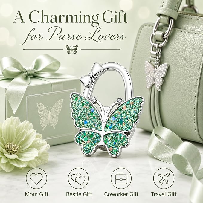 Purse Hook for Table, Foldable Handbag Hanger for Women, Portable Bag Holder with Non-Slip Base, Cute Star Green Butterfly Purse Table Hook for Restaurant Office Travel Gift