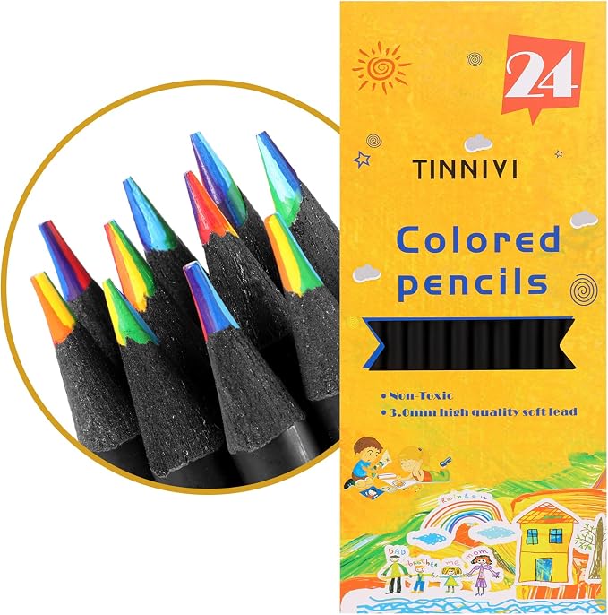 Art Supplies for Kids, 7 Color Black Wooden Rainbow Colored Pencils, Pre-sharpened, Multicolored Core, with Sharpener, for Coloring Books, Drawing, Sketching, 24pcs