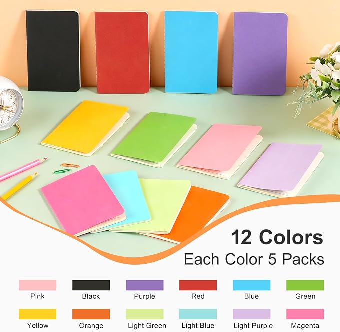 Gwybkq Small Lined Notepads Bulk 60 Pack (30 Sheets/60 Pages) Mini Journal Pocket Notebooks Set Colorful Cover Notebooks for Kids 3.5 x 5.5 Inches