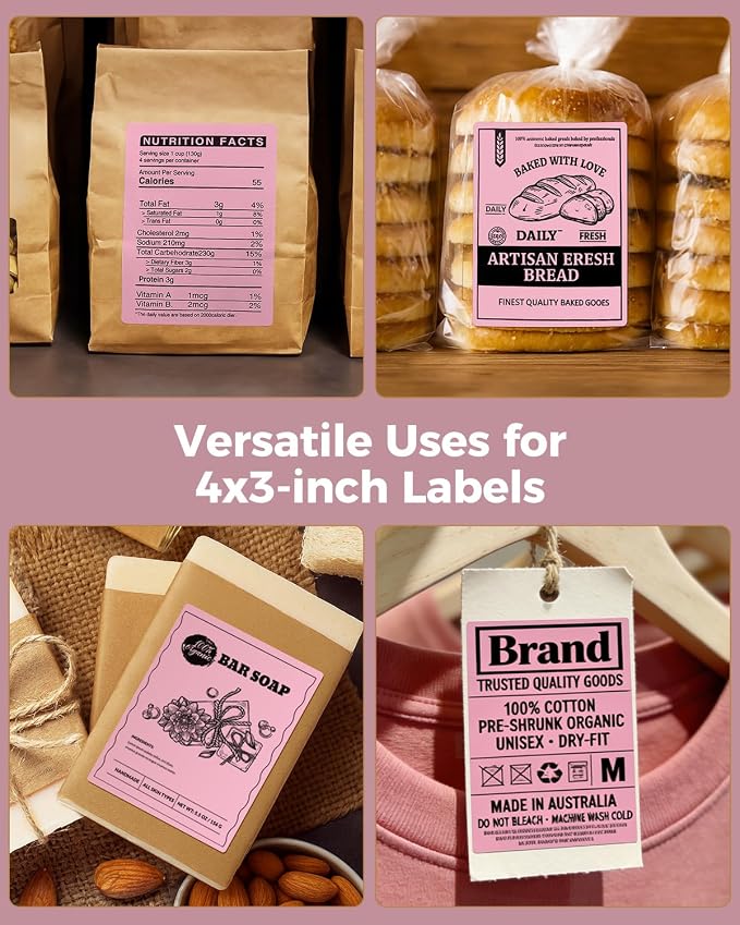 MUNBYN 4x3 Thermal Labels, 500 Sheets/1 Roll, Pink | Strong Adhesive & Perforated, Non BPA&BPS for Small Business, Shipping, Bakery, Clothing