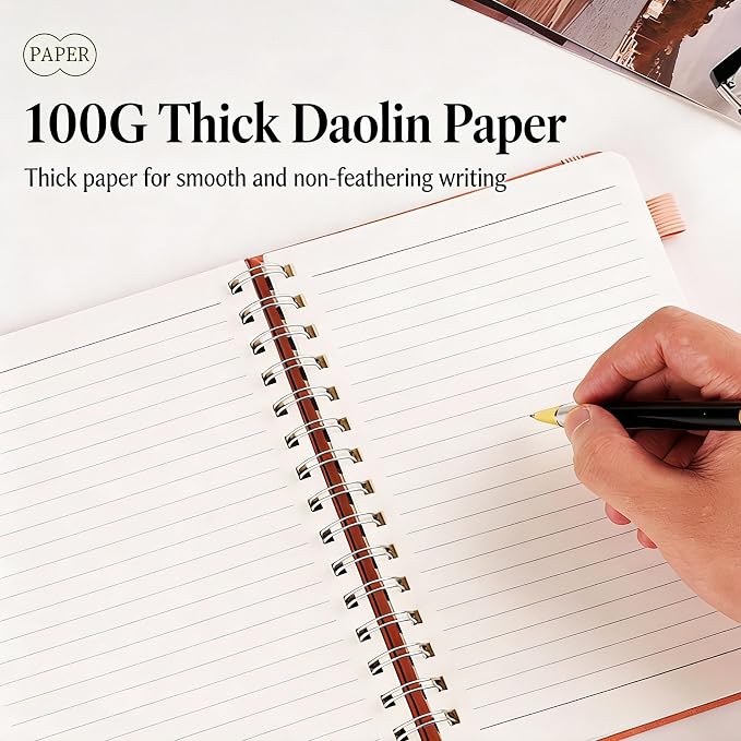 Hardcover Double Coil Spiral Notebook, Premium PU Leather Cover Twin Wire Binding Journal with Elastic Band, A5 Business Notebook for Office, School, Writing & Note-Taking