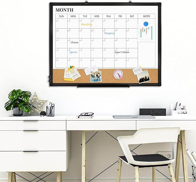 Monthly Dry Erase Calendar Whiteboard with Corkboard, 36" x 24", Black | Magnetic, White Board Cork Board Combo, Double Sided, Wall Mounted, Aluminum Frame, for Home, Office, Kitchen, Dorm