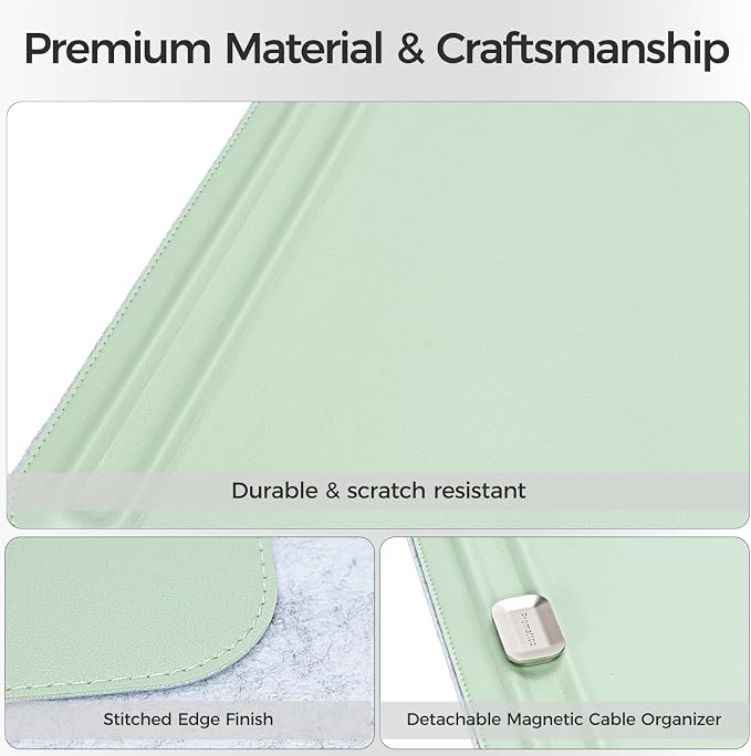Premium Double-Sided Faux Leather Desk Pad – Non-Slip, Waterproof, with Magnetic Cable Organizer & File Storage – Designed for Offices & Creative Spaces – Durable & Easy to Clean(Green)