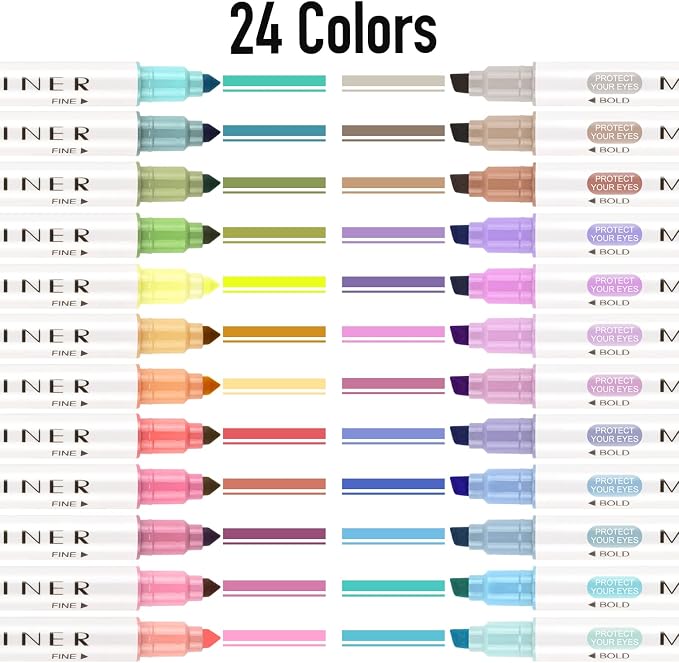 YOOUSOO 24 Pastel Highlighters Assorted Colors | Unique Retro Colors, Quick Dry Dual Tip and Fine Tip No Bleed Highlighter Markers for Bible Journals Planners Books Notes