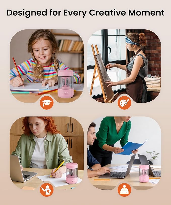 Electric Pencil Sharpener for Classroom, Fully Automatic Pencil Sharpener for 6-8mm Pencils & Colored Pencils, Auto in & Out Type-C Rechargeable Pencil Sharpeners for Home, School Light Pink