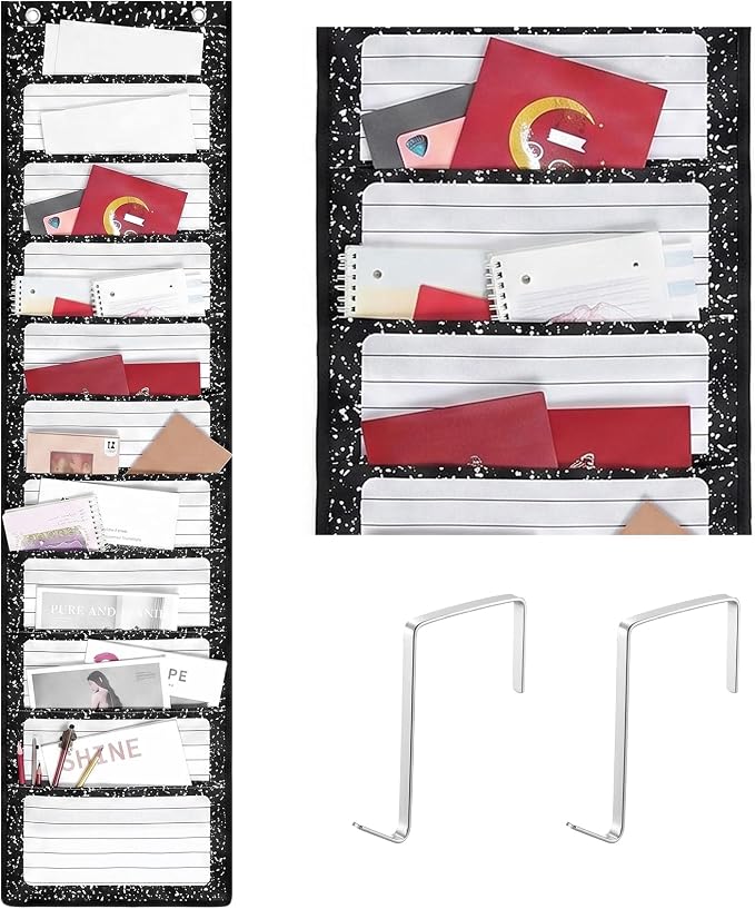 MotiMind Black Spots 10 Pockets Wall Hanging File Folders File Storage Pocket Chart for Classroom Hanging Wall Organizer with 2 Over The Door Hangers, 58" x 14" for School Classroom Office Home