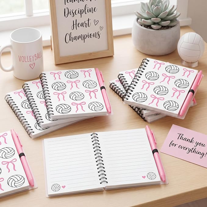 Engrowtic 20 Set Pink Volleyball Gifts, Volleyball Bow Notebooks with Pens Bulk Spiral Pocket Notebooks Lined Journal with Pink Pens Gifts for Team Players Christmas Coach Cheerleader