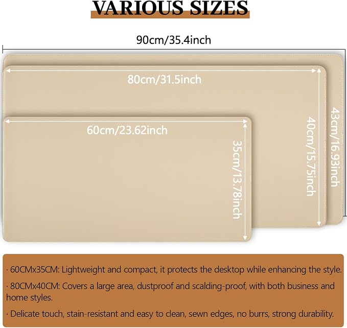 Beige Leather Desk Mat Large Mouse Pad, Waterproof Desk Pad for Keyboard and Mouse, Non-Slip Computer Desk Protector, Smooth Mouse Movement Desk Mat for Home and Office(31.5"×15.7")