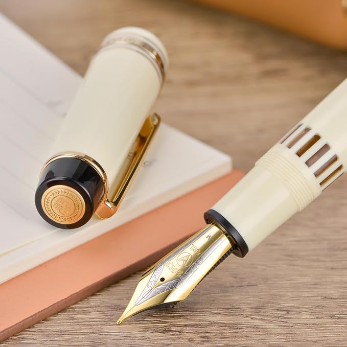 Wikult Yongsheng Junlai 930 Acrylic Fountain Pen, Size 9 Broad Nib with Piston Filling System, Ivory White Fence Ink Tank with Flat Top Design Smooth Writing Pen (Gold Trim)