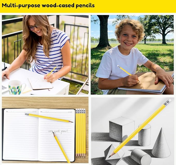 Adhere 25pcs Woodcase Pencils with Eraser Premium Pre-Sharpened Hexagon Graphite 2B pencils ideal for home, office writing including a Free Sharpener (Yellow・25pcs)