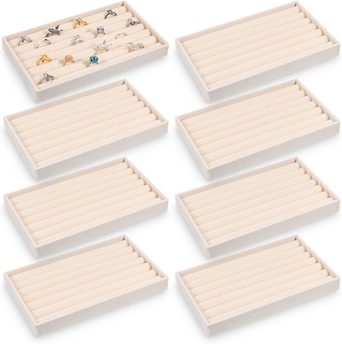 8 Pcs Velvet 7 Slots Ring Earrings Trays Showcase Display Jewelry Organizer Ring Holder Display Tray for Selling Rings Earrings Show (Beige)