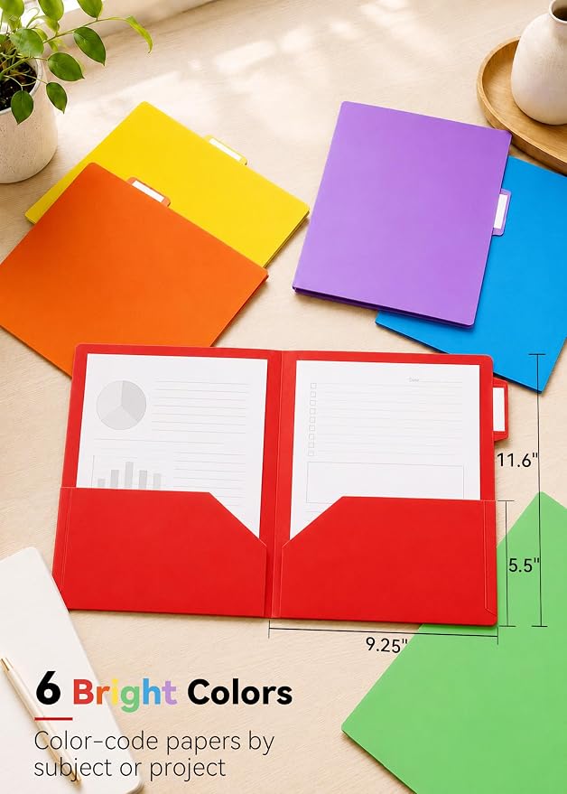 SortRax Plastic Folders with Pockets, 6 Pack 2 Pocket Folders, 1/3 Cut Tabs, Assorted Colors
