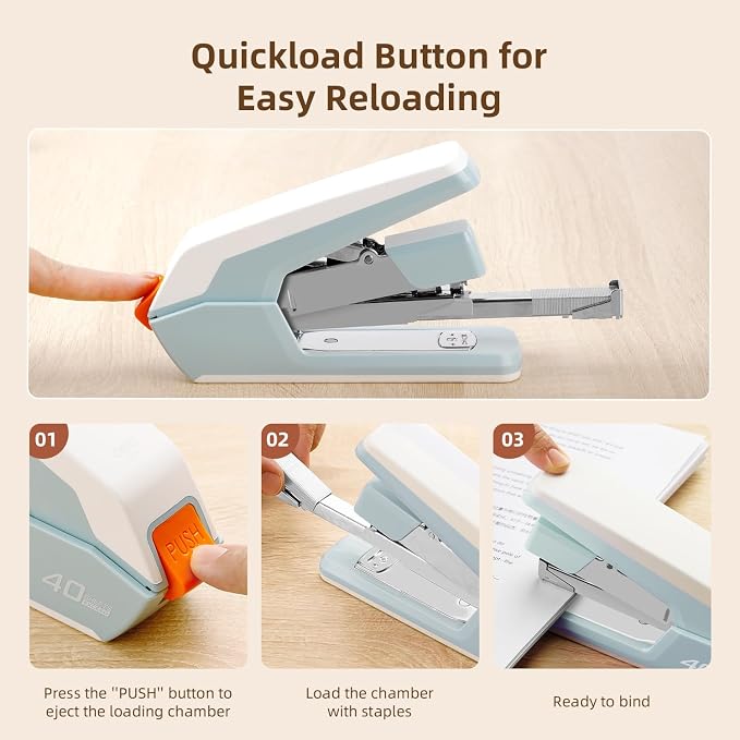 Deli Effortless Desktop Stapler, Heavy Duty Stapler, 40-50 Sheet Capacity, One Finger, No Effort, Includes 1500 Staples & Staple Remover, Blue