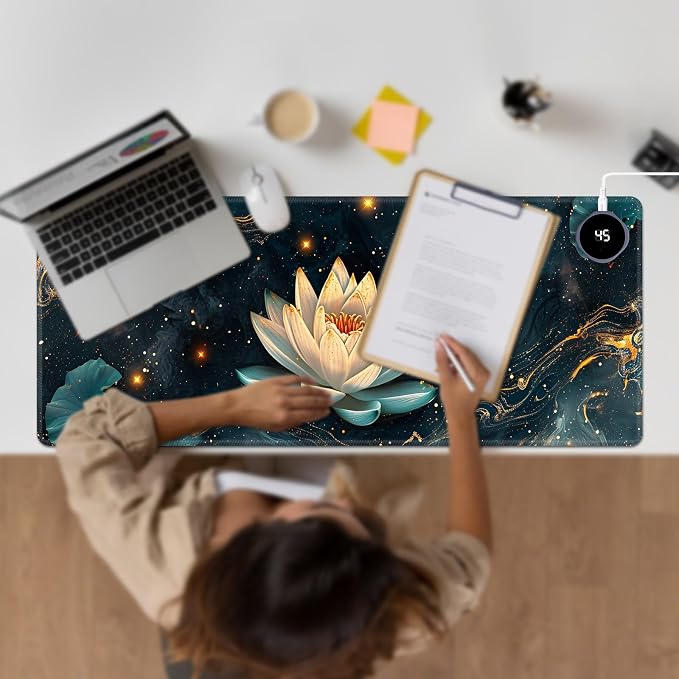 Heated Desk Pad Large Mouse Pad 31.5 x 13 inch with 3 Levels Heating & Auto Shut-Off Warm Mouse pad PU Leather Computer Mousepad for Home Office Work - Lotus Flowers