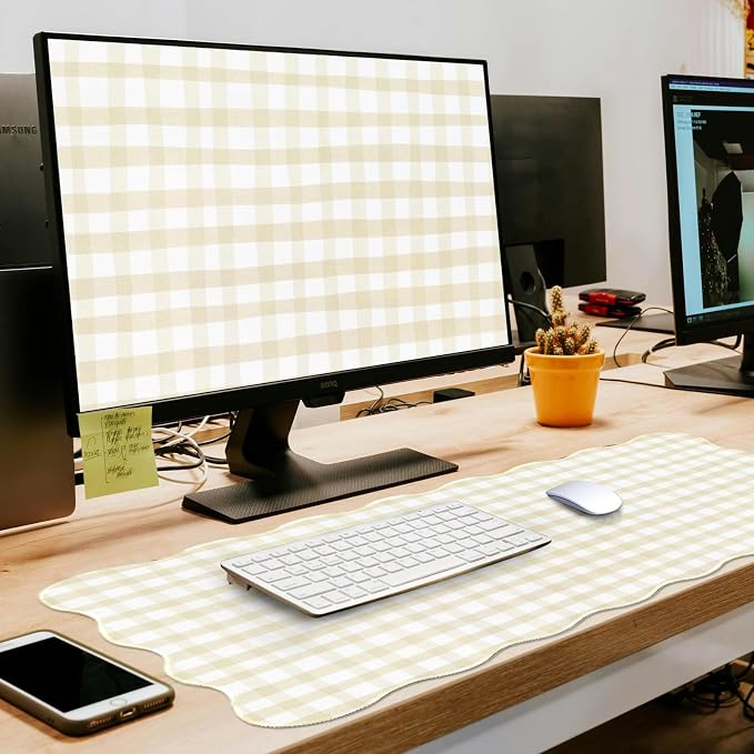 L-SPOUTTO Beige Checkered Mouse Pad,Scalloped Desk Mat XXL Large Geometric Gaming Mousepad,35.4x15.7in Non-Slip Rubber Base Keyboard Pad Waterproof Desktop Mat for Laptop Computer Game Home Office