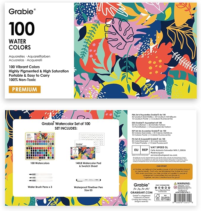 Grabie 100 Colors Premium All-In-One Watercolor Paint Set - 50 Essential, 35 Metallic, 10 Pastels, 5 Neon Hues - Portable Case, Brush Pens, Paper Pad, Waterproof Fineliner Pen, Beginner & Professional, Set of 100