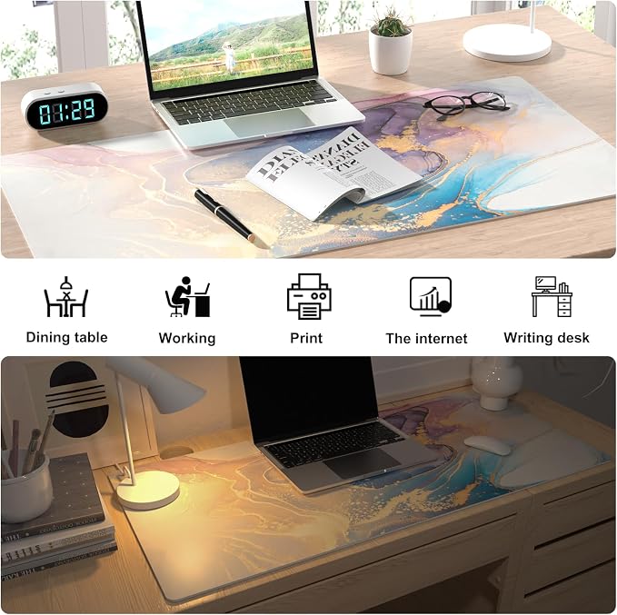 Colorful Star Waterproof Blue Purple Marble Desk Pad, 31.5" x 15.7" | PU Leather Desk Mat Large Keyboard and Gaming Mouse Pads for Office, Non-Slip Writing Pad Desk Accessories for Women Men