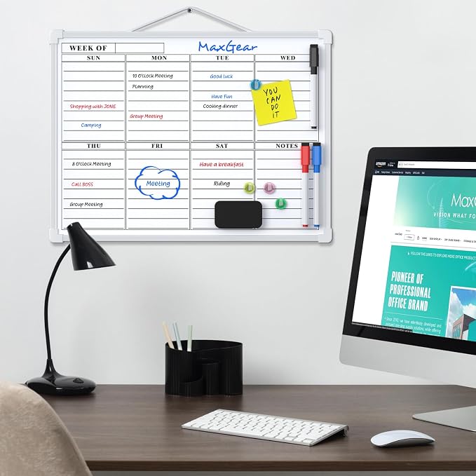 MaxGear Weekly Calendar Dry Erase Board for Wall, 16"x12", White Frame | Double-Sided, Hanging Small White Board, Portable Whiteboard for Planning, Drawing, Memo, to Do List, Home, Kitchen, Office
