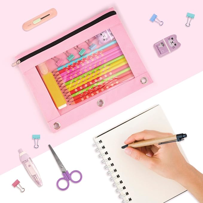 Sooez Pencil Pouch for 3 Ring Binder, 2 Pack Binder Pencil Pouch with Clear Window Pencil Bags with Zipper & Reinforced Grommets, Pencil Case for binder Pink & Green