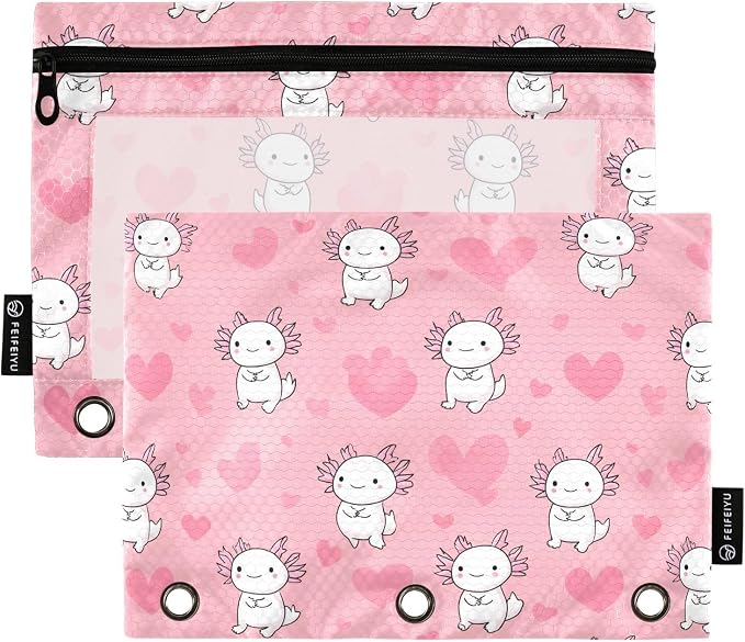 Love Salamander Pattern Pencil Pouch for 3 Ring Binder 2 Pack Zipper Binder Pencil Bag with Clear Window Pencil Case for Office Supplies