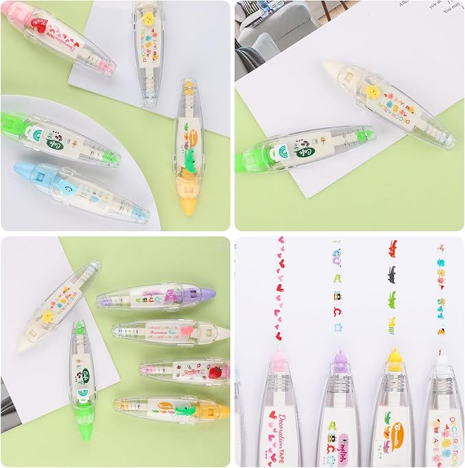NQEUEPN 12pcs Decorative Tape Pen, Cute Animals Press Type Decorative Pen Tape Roller Pen DIY Creative Cartoon Correction Tape for Boy Girls Gift Teacher Class Rewards (12 Themes)