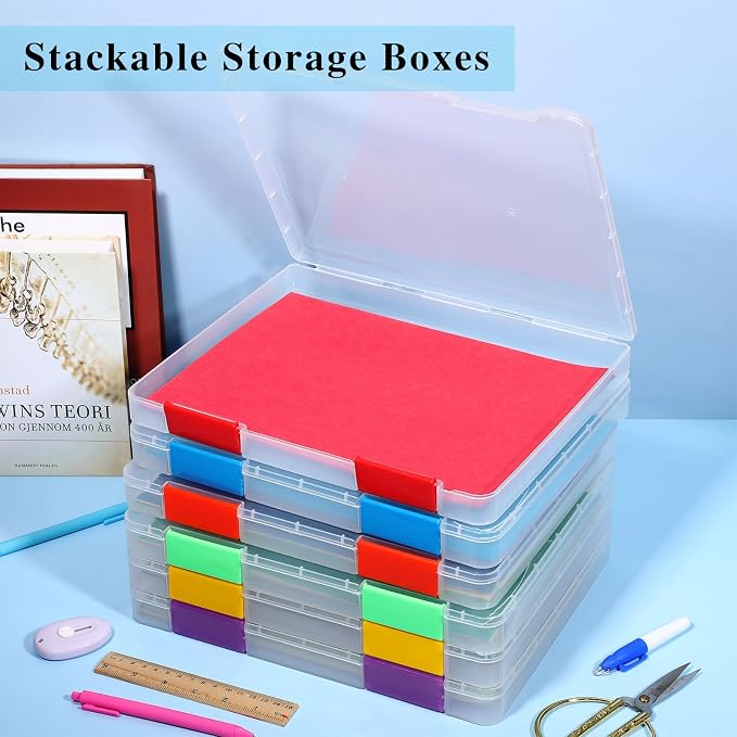 PerKoop 6 Pcs Clear Paper Storage Box,12.4 x 9.84 x 1.18 Inches,Colorful | A4 Plastic File Box Document Paper Organizer Storage Board Game Project Cases Containers with Buckle for Craft, Magazine