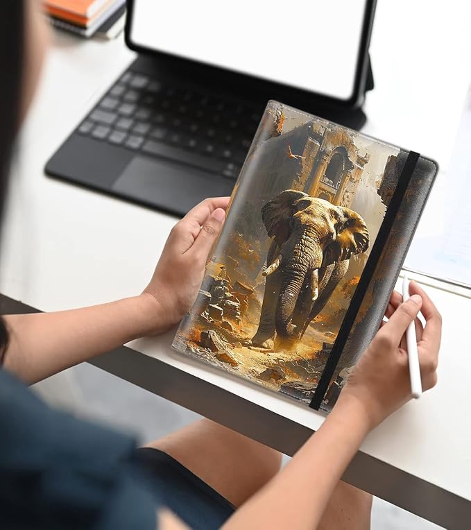 A5 Leather Lined Journal Notebook, 200 Pages Hardcover Executive Notebook for Men Women Office School Note Taking, Thick Writing Paper Daily Journal with Bookmarks/Indexes, Animal Elephant