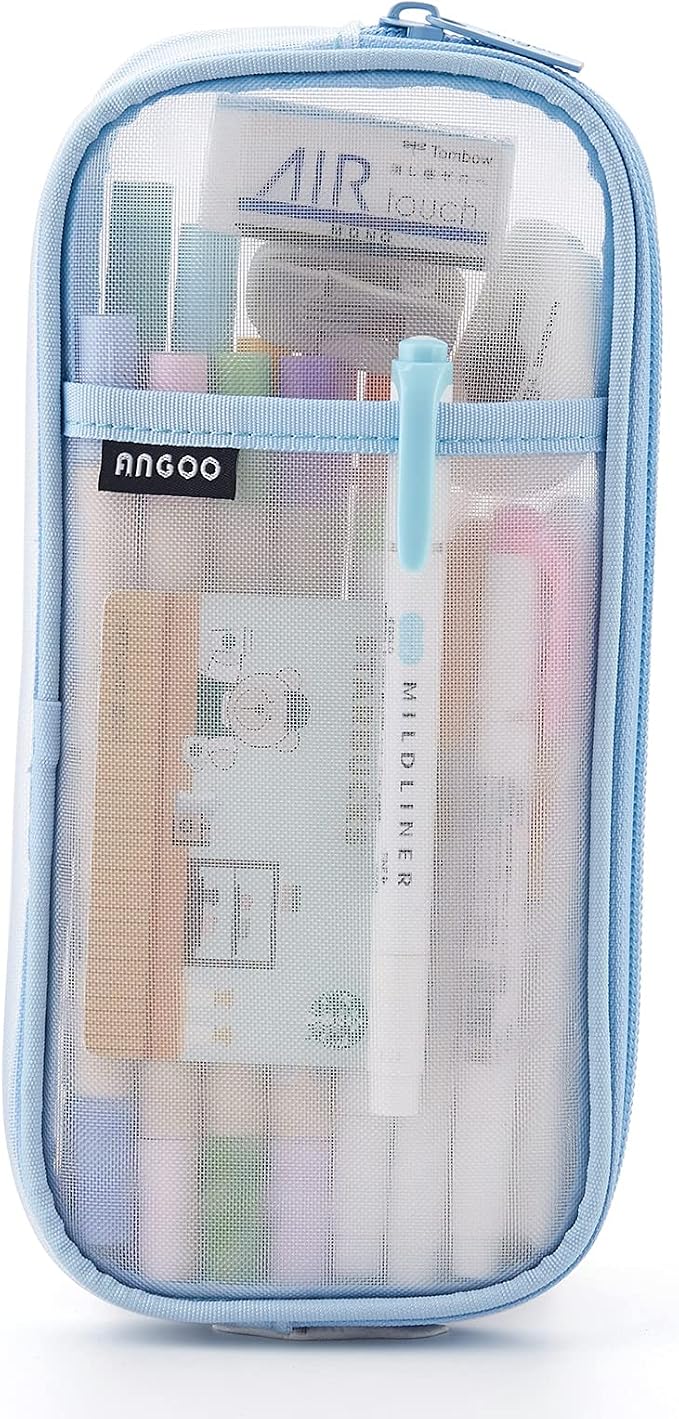 EASTHILL Grid Mesh Pen Pencil Case with Zipper Clear Makeup Color Pouch Cosmetics Bag Multi-Purpose Travel School Teen Girls Transparent Stationary Bag Office Organizer Box for Adluts(Blue)