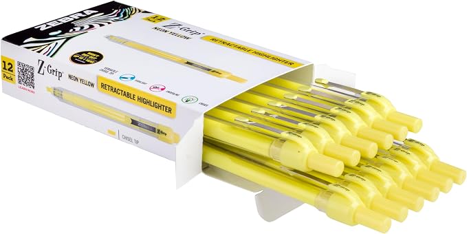 Zebra Pen Z-Grip Retractable Highlighter, Yellow, Chisel Tip, 12-Pack | Metal Clip, Ideal for School, Office and Teacher Supplies, Note-Taking, Studying, and Planners, Transparent Barrel (71250)
