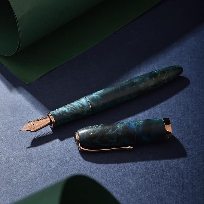 HONG DIAN A10 Stabilized Wood Fountain Pen, Fine Nib Chinese Knot Carving Handcraft Pen with Magnetic Cap and Metal Box Set (Galaxy Blue)
