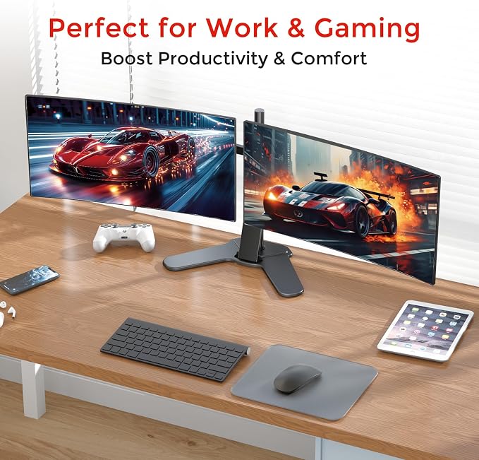 Suptek Free-Standing Dual Monitor Desk Mount, Full Motion Stand for 2 Monitors up to 32" 15.4lbs Each, Height Adjustable Swivel Tilt 360° Rotation, VESA Compatible with Phone Slot, Black