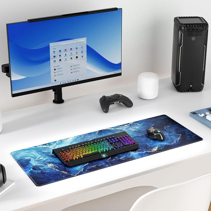 KTRIO Large Gaming Mouse Pad, Desk Mat, 31.5 x 11.8 in, Blue Marble, XL | Smooth Micro-Weave Surface, Artistic Pattern Design, Non-Slip Rubber Base, Durable Stitched Edges, Office & Home Use